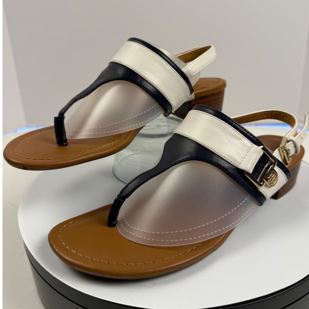Tommy Hilfiger Womens Navy White Leather T-Strap Block Heel Sandals Size 7.5M